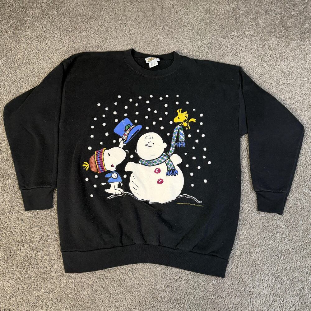 Vintage Peanuts Sweatshirt Womens 1X Black Snoopy Snowman Woodstock MBC Xmas